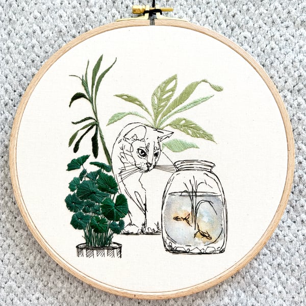 Hand Sewn Cat Embroidery Hoop Art: Watercolour Plant Illustration