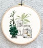 Hand Sewn Cat Embroidery Hoop Art: Watercolour Plant Illustration