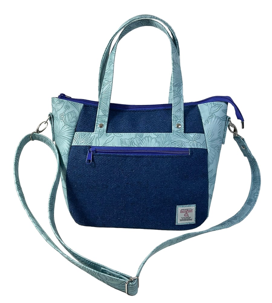 Crossbody Handbag made in Harris tweed and floral faux leather, medium blue bag