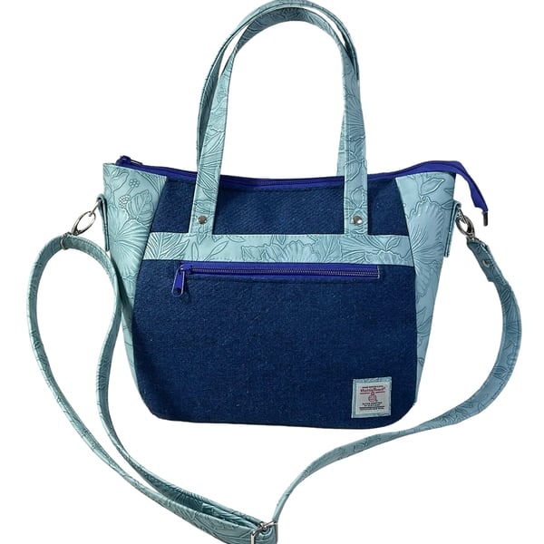 Crossbody Handbag made in Harris tweed and floral faux leather, medium blue bag