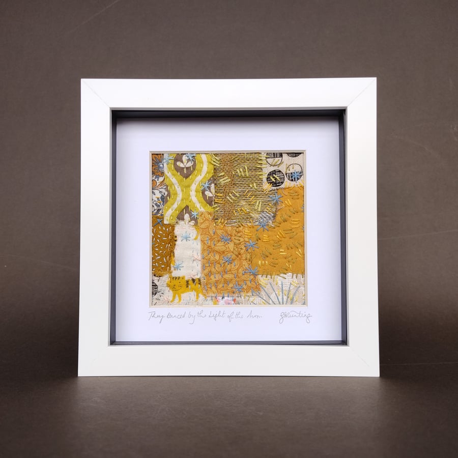 "They Danced by the Light of the Moon" - abstract fabric collage. Framed art.