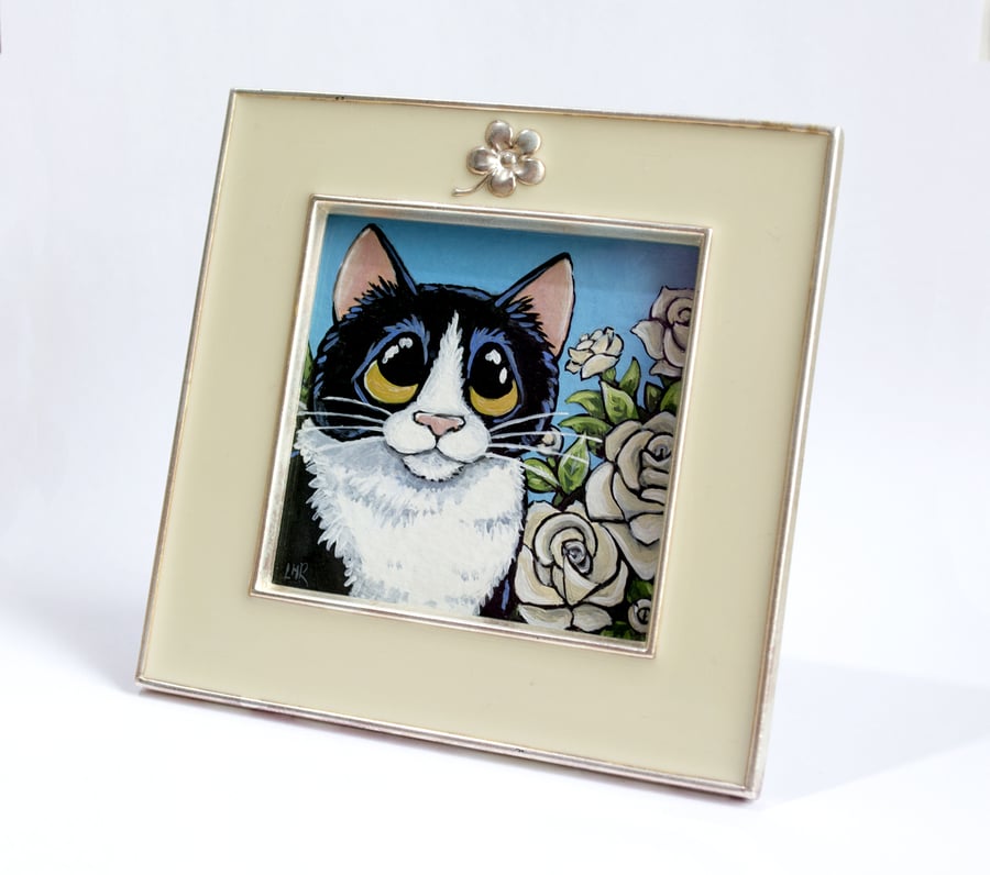 Small Tuxedo Cat & Roses Painting in Frame