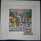 Coastal,  quirky original art , whimsical seaside harbour framed picture