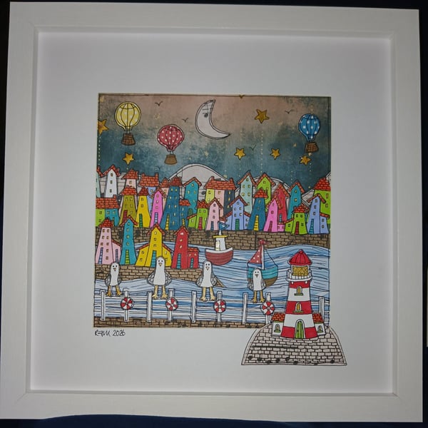 Coastal,  quirky original art , whimsical seaside harbour framed picture