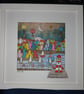 Coastal,  quirky original art , whimsical seaside harbour framed picture