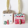 Set of 2 Painted Christmas House Hanging Decorations Red and White