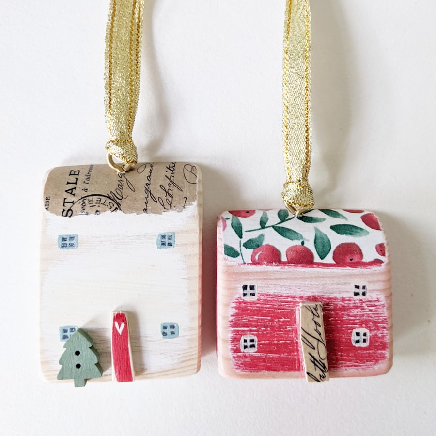 Set of 2 Painted Christmas House Hanging Decorations Red and White