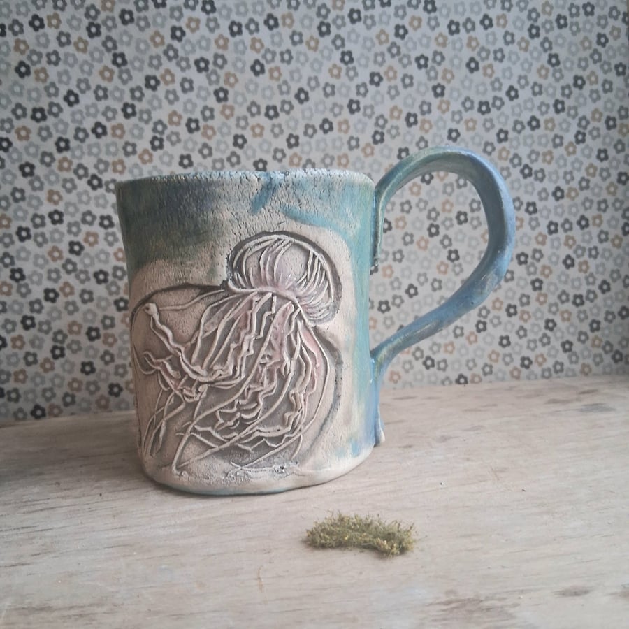 Turquoise Jellyfish large mug handcrafted Stoneware pottery