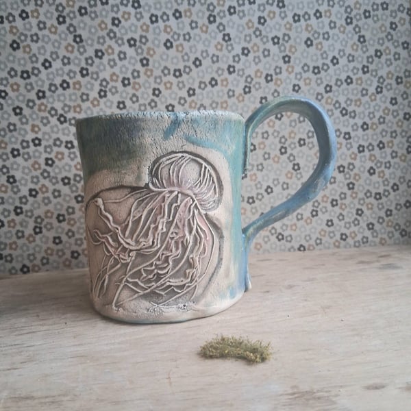 Turquoise Jellyfish large mug handcrafted Stoneware pottery