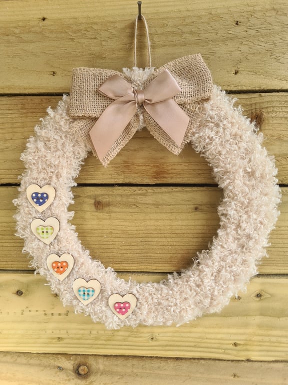 Teddy Bear Yarn Wrapped Wreath With Wooden Heart Accents