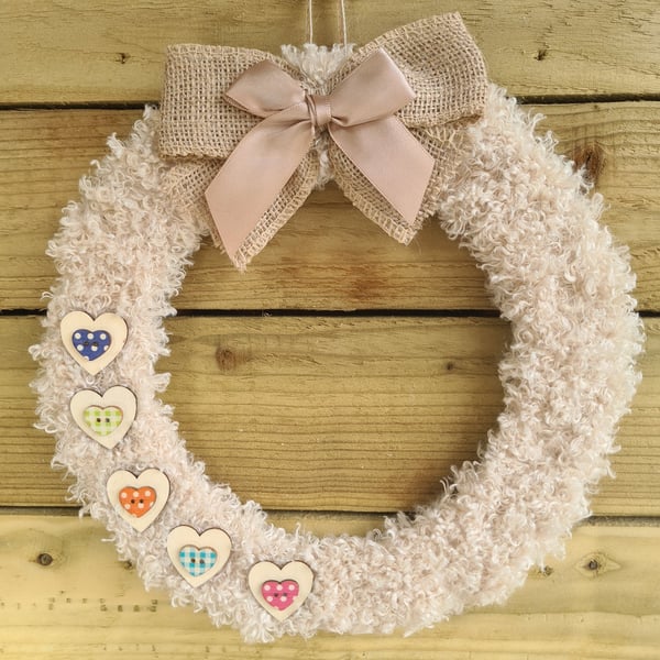 Teddy Bear Yarn Wrapped Wreath With Wooden Heart Accents