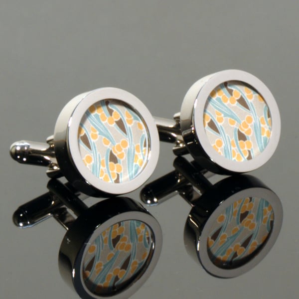 Art Nouveau Cufflinks Abstract Flowers in Yellow and Green
