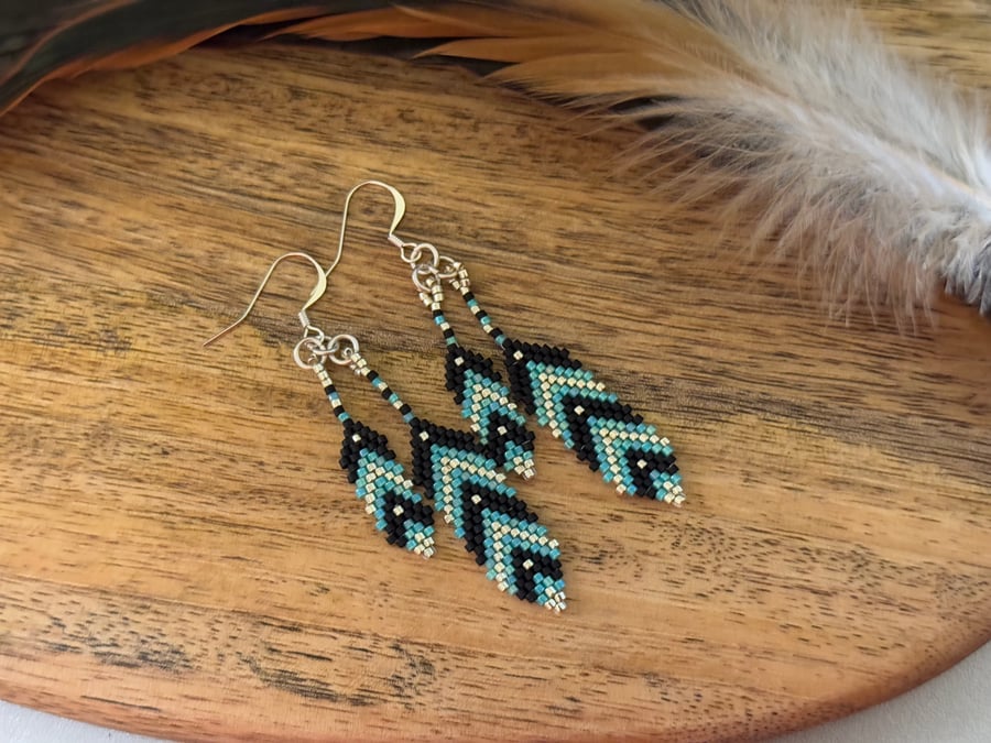 Southwestern blue feather beadwork earrings