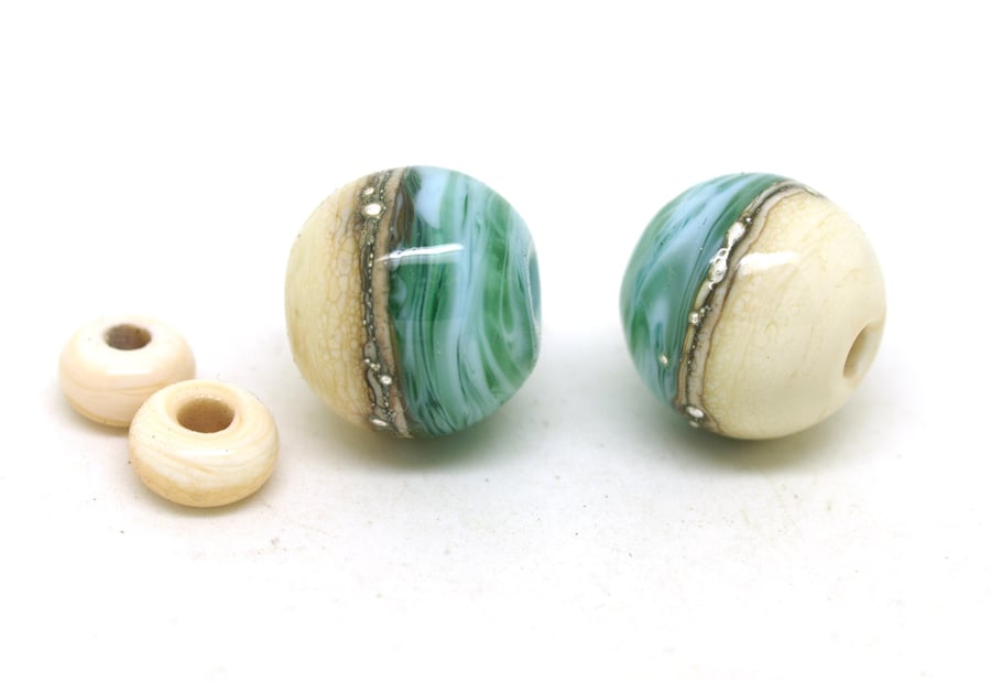 Teal, Blue and Ivory Glass Bead Pair - Handmade Lampwork Beads SRA