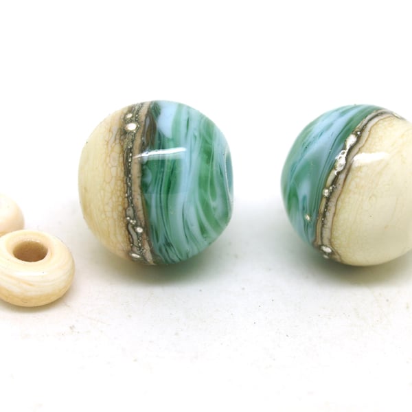 Teal, Blue and Ivory Glass Bead Pair - Handmade Lampwork Beads SRA