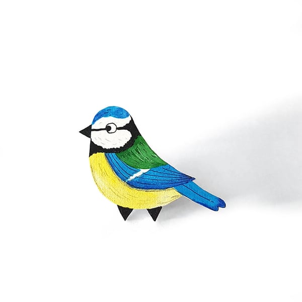 Blue Tit Brooch - Handcoloured - Bird Badge