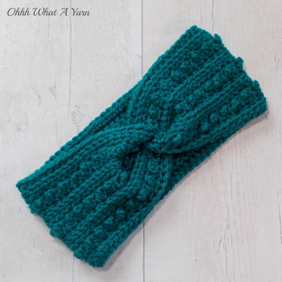 Crochet headband, ear warmer. Teal, jade twist ear warmer. Teal headband.
