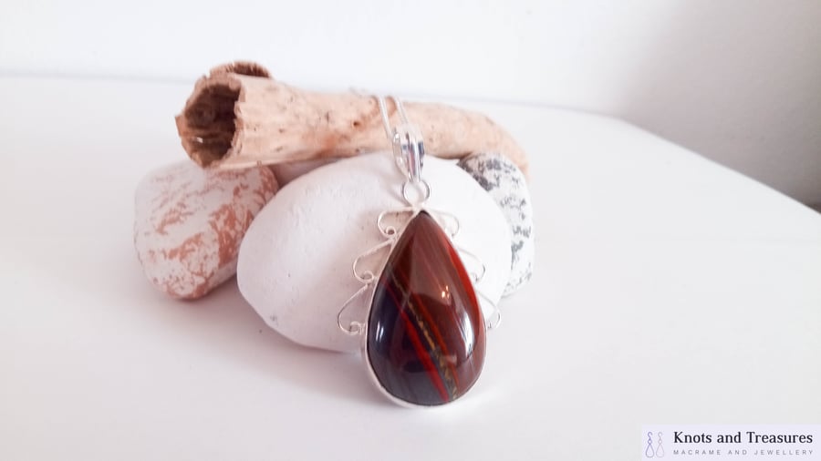 Iron Tiger Eye Stone Pendant on Sterling Silver Necklace