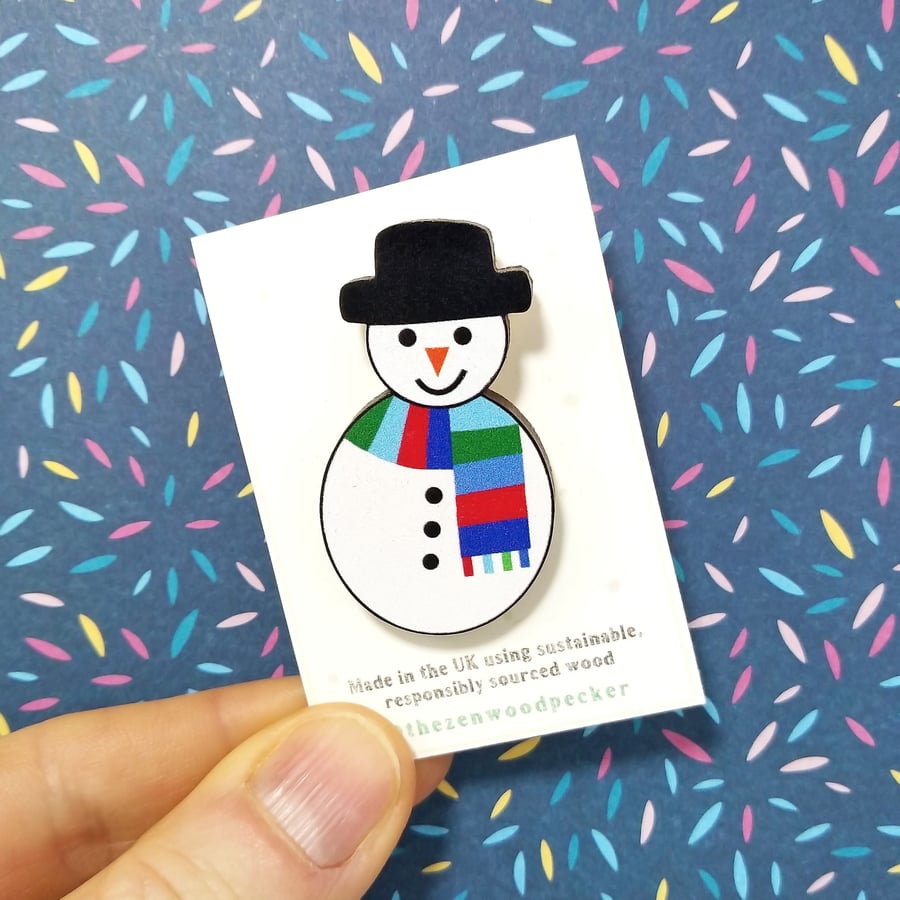 Snowman Pin Badge, Christmas Brooch, Festive Wooden Badge