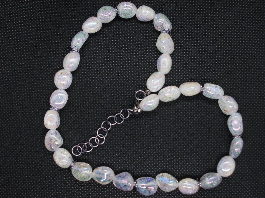Rainbow coated crackled quartz tumbles necklace