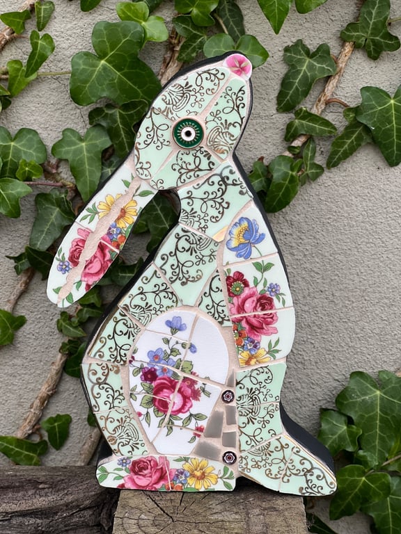 Mosaic Moon Gazing Hare, Made with Vintage china, Ceramic Mosaic Art