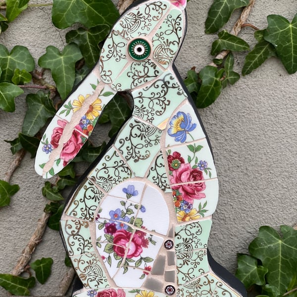Mosaic Moon Gazing Hare, Made with Vintage china, Ceramic Mosaic Art
