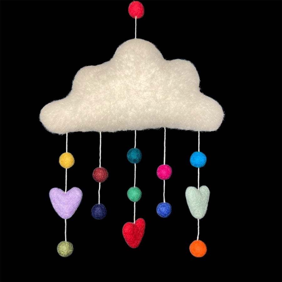 Nursery wall decoration, Large felted cloud mobile with felt balls and hearts
