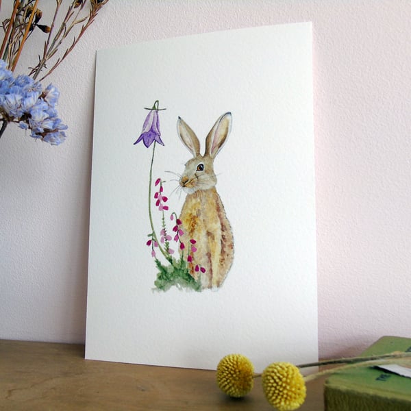 Brown hare and bell heather A5 Giclée Fine Art Print