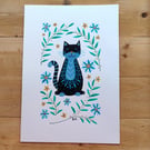 Black cat folk art painting, original acrylic artwork A4 unique feline floral 