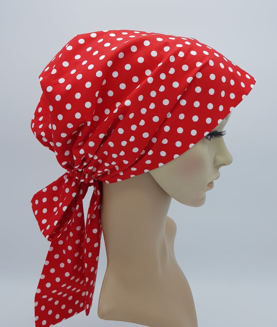 Polka dot head snood for women, cotton bonnet with ties, nurse head wear