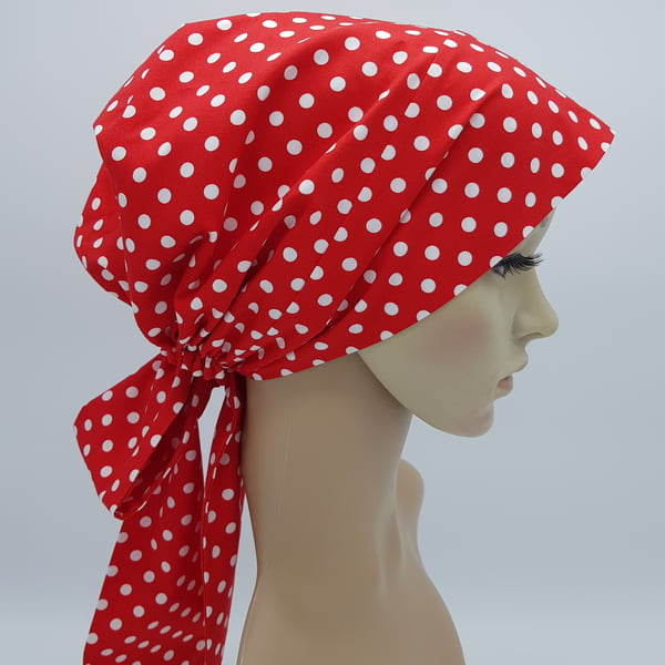 Polka dot head snood for women, cotton bonnet with ties, nurse head wear