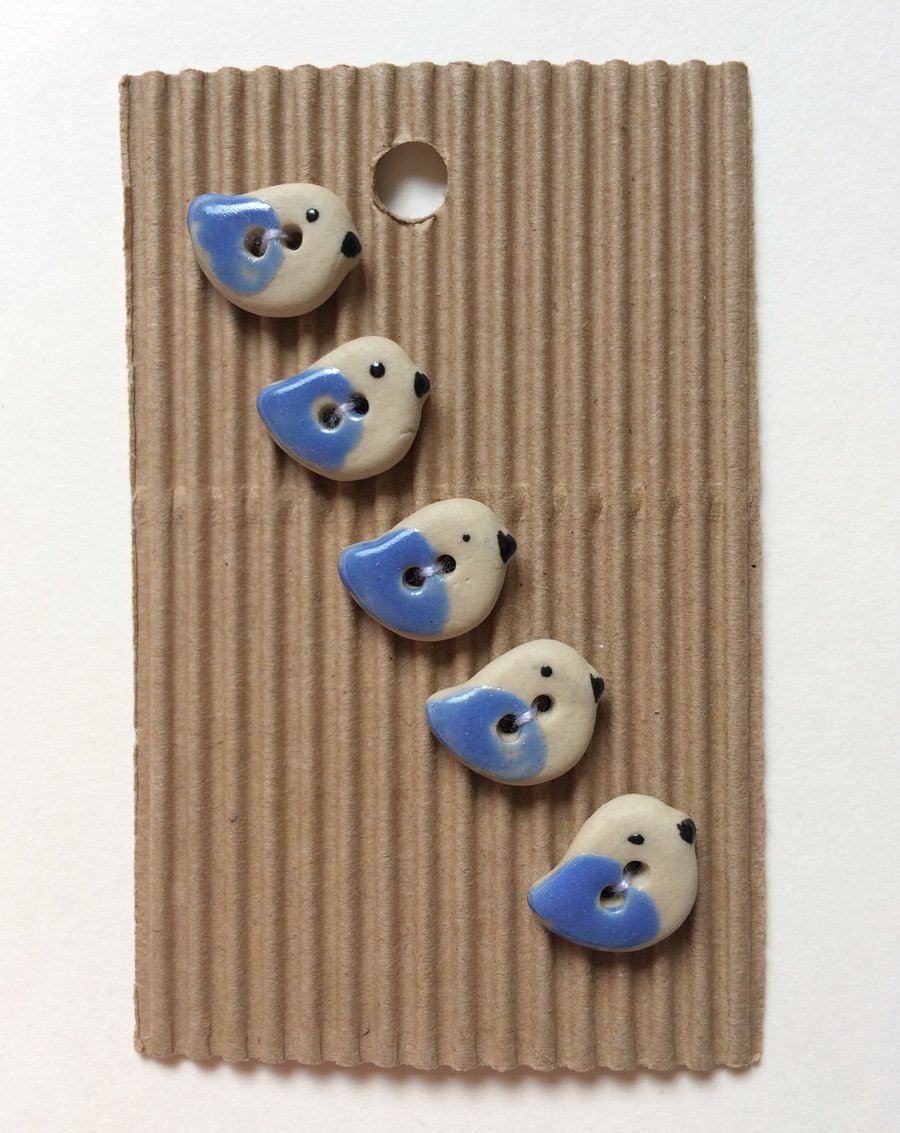 Set of 5 tiny ceramic blue bird buttons