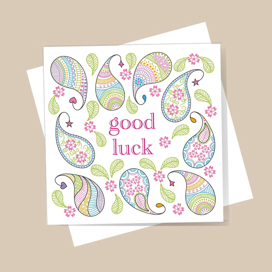 Good Luck Card - paisley design. Best Wishes. Blank inside. Free delivery