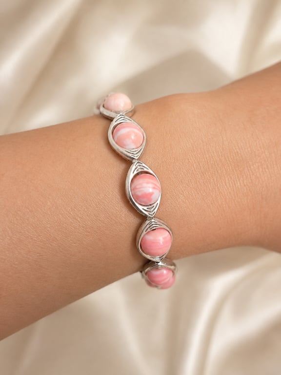 Rhodochrosite stretchy beaded bracelet with silver colured connectors