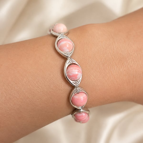 Rhodochrosite stretchy beaded bracelet with silver colured connectors