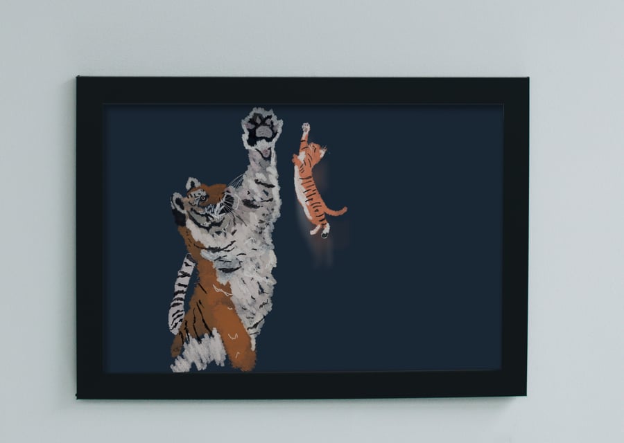 A4 Tiger and Kitten Illustrated Print - High Five the Tiger