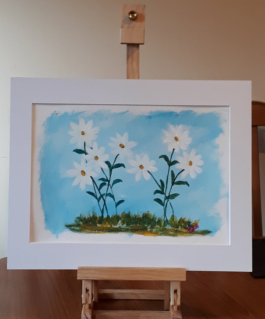 Original Acrylic painting on paper, Seven Daisies mounted ready for framing