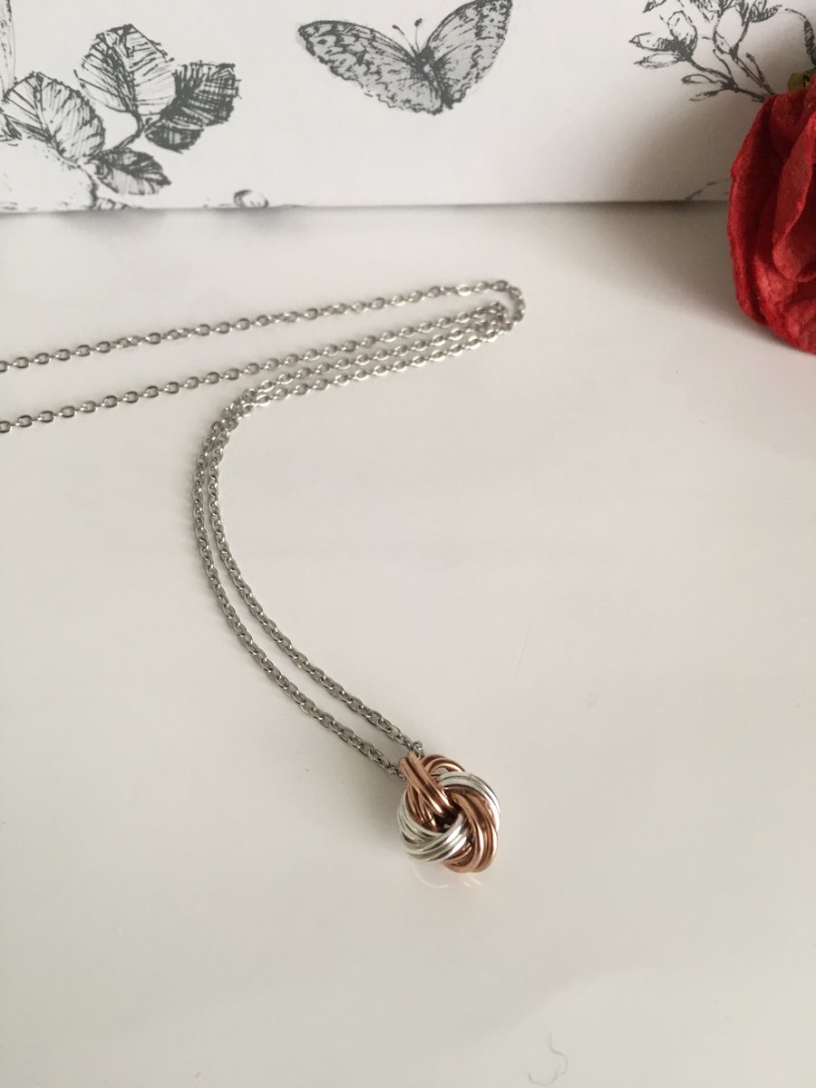 Pure Bronze and Sterling SIlver infinity Love Knot Necklace 8th Anniversary Gift
