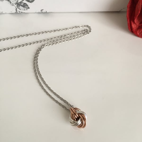 Pure Bronze and Sterling SIlver infinity Love Knot Necklace 8th Anniversary Gift