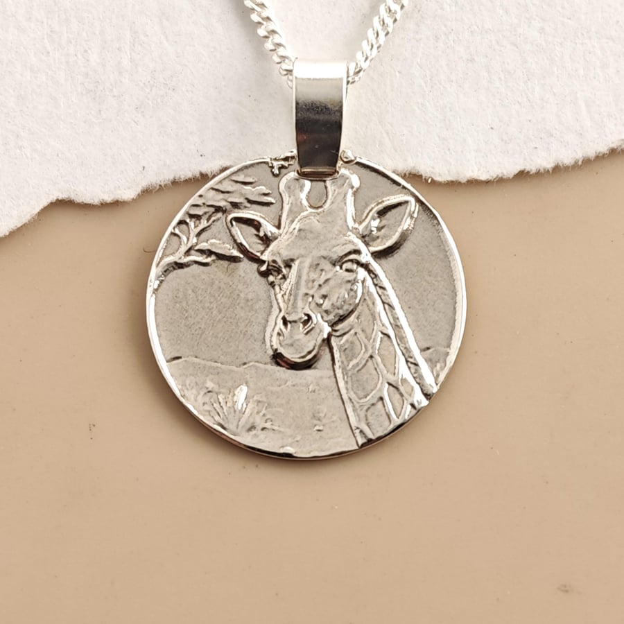 Giraffe Engraved Sterling Silver Coin Necklace