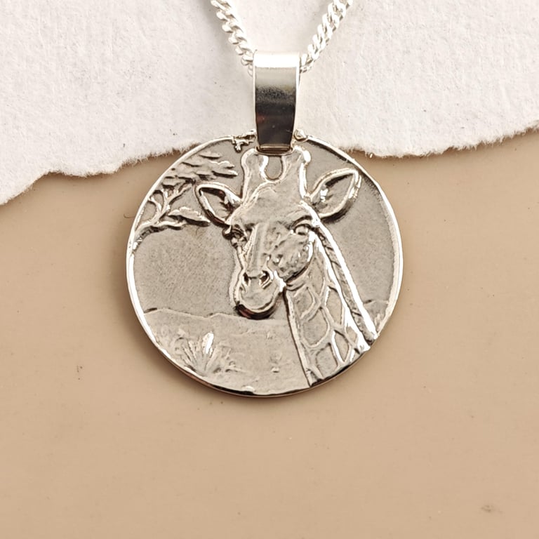 Giraffe Engraved Sterling Silver Coin Necklace