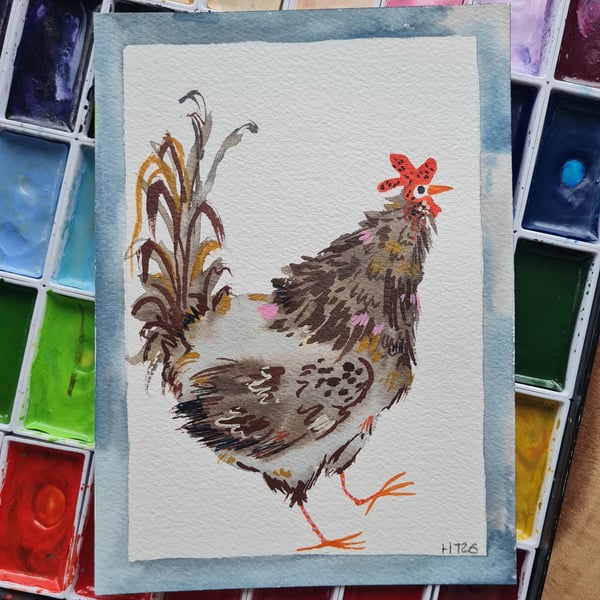Hand Painted Watercolor Chicken Art Whimsical Animal Home Decor
