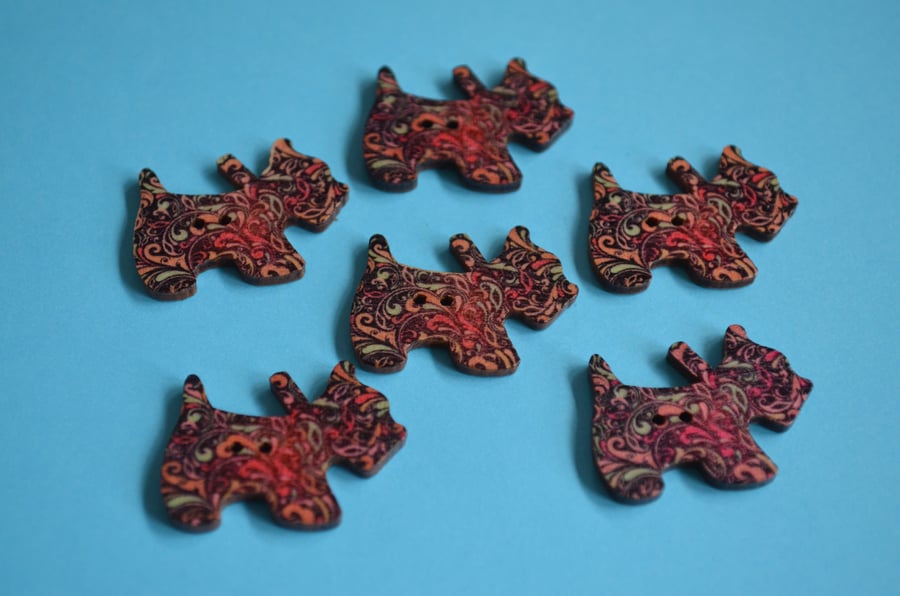 Wooden Scottie Dog Buttons Black Pink Turquoise 6pk 28x20mm Scotty Puppy (DG7)