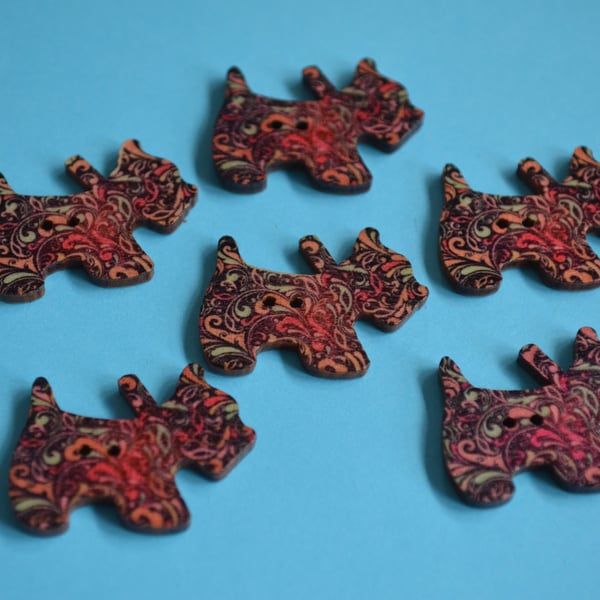 Wooden Scottie Dog Buttons Black Pink Turquoise 6pk 28x20mm Scotty Puppy (DG7)