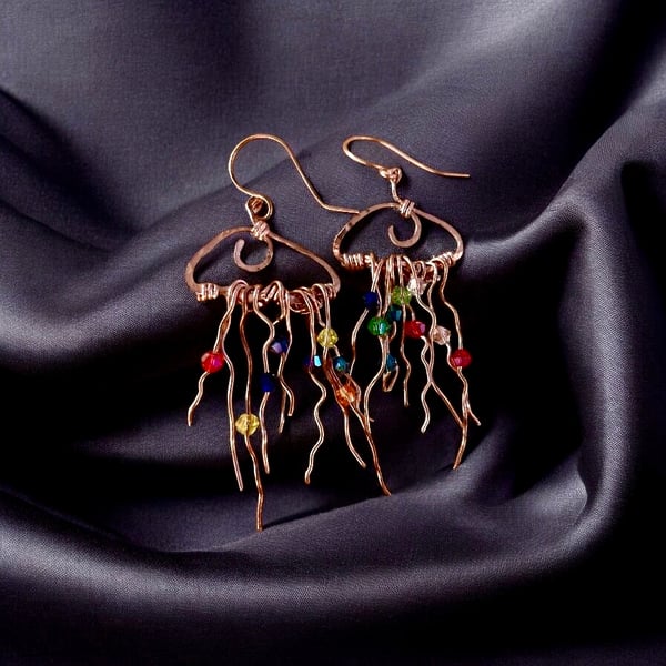 Jellyfish Copper Crystal Earrings, Dangle, Vibrant - Gift Boxed