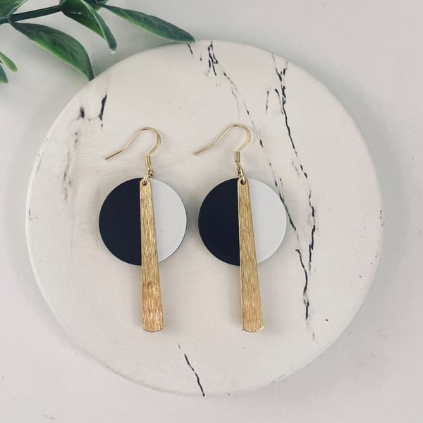 Black and White Geometric Earrings with Gold-Tone Bar Drops