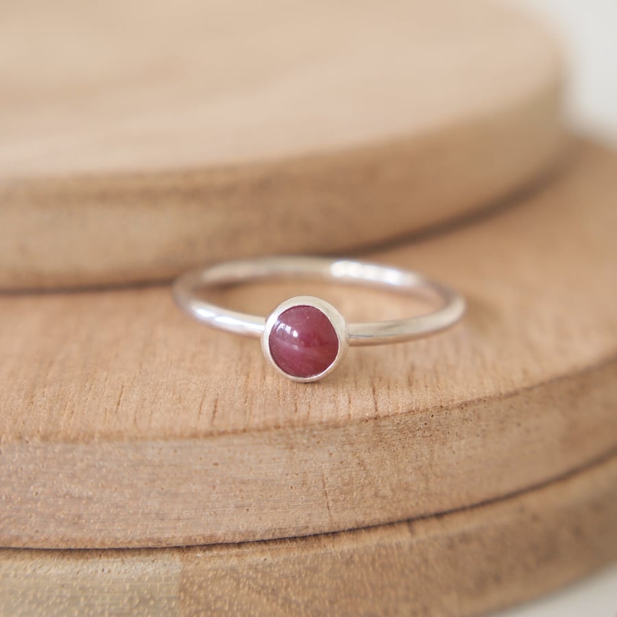 Ruby Ring in Sterling Silver with Round Cabochon, 5mm