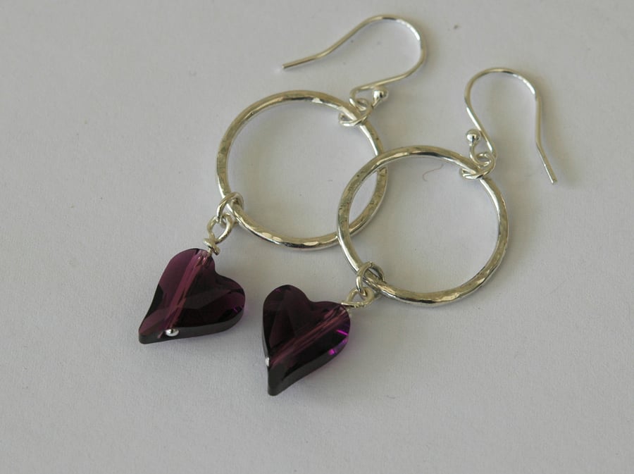 Sterling Silver Drop Earrings with Amethyst Crystal Hearts, Valentine's gift