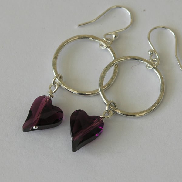 Sterling Silver Drop Earrings with Amethyst Crystal Hearts, Valentine's gift