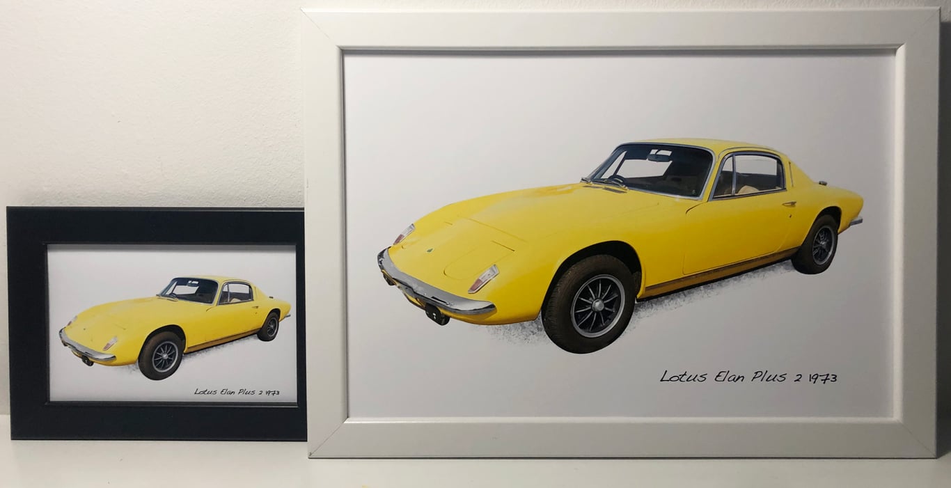 Lotus Elan Plus 2 1978 (Yellow) - 4x6" or A4 Photo in a Black or White frame